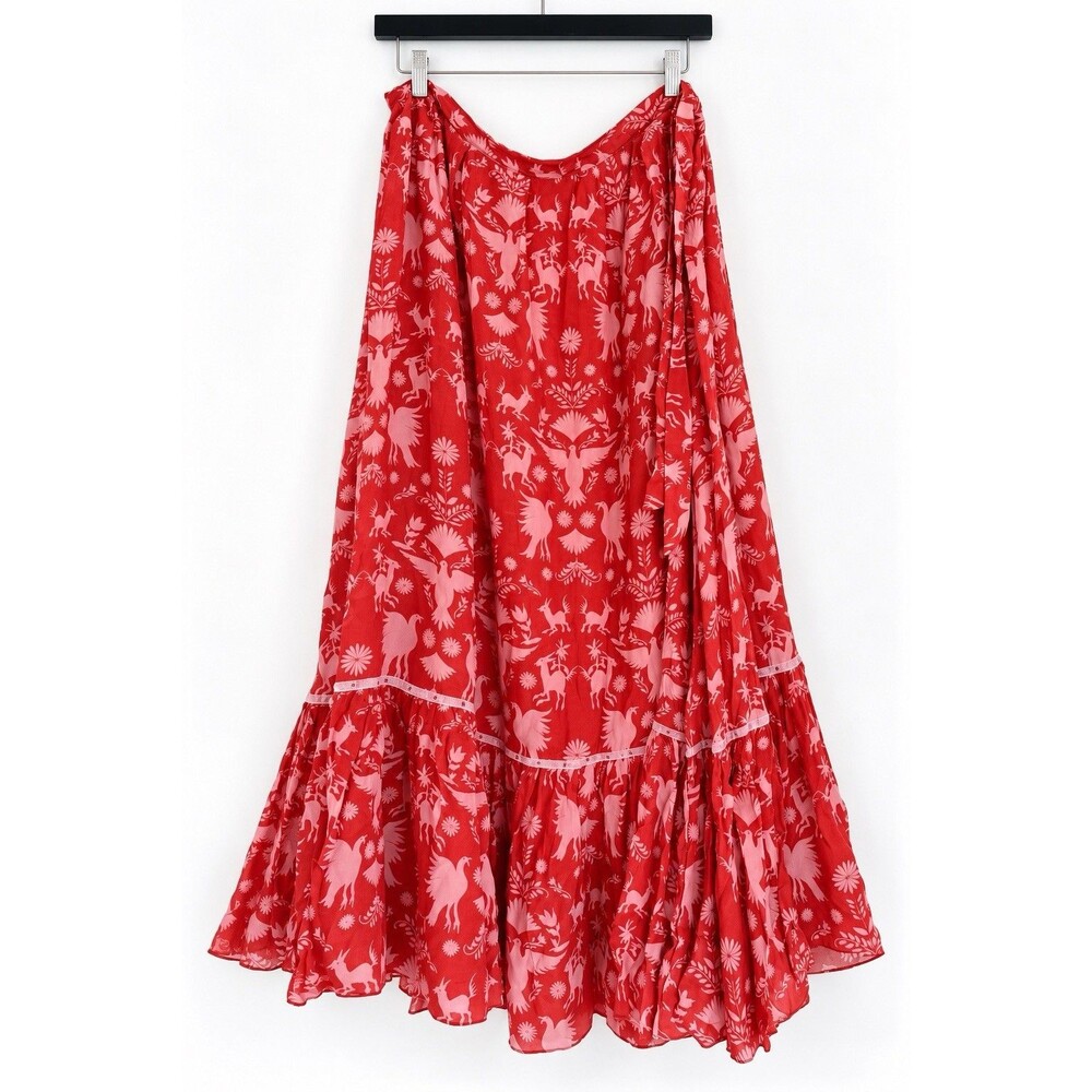 Carolina K Red Pink Bird Floral Print Maxi Skirt Size 10 Silk Boho Designer